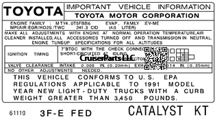 1991 3F-E FED Catalyst KT Important Information Decal