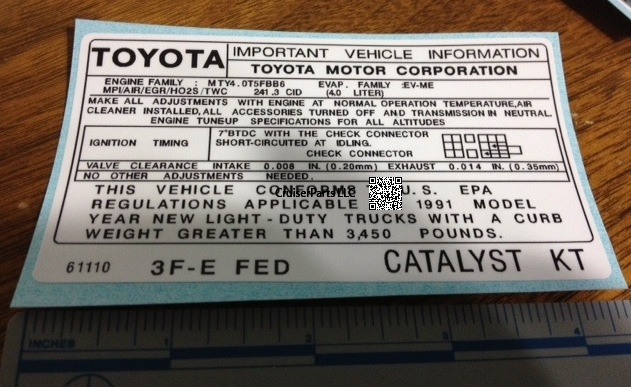 Modal Additional Images for 1991 3F-E FED Catalyst KT Important Information Decal