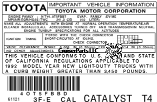 Modal Additional Images for 1992 3F-E CAL Catalyst T4 Important Information Decal