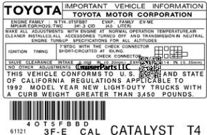 1992 3F-E CAL Catalyst T4 Important Information Decal