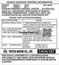 1985 Vehicle Emissions Control Decal