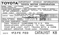 1993 1FZ-FE FED Catalyst KB Important Vehicle Information Decal