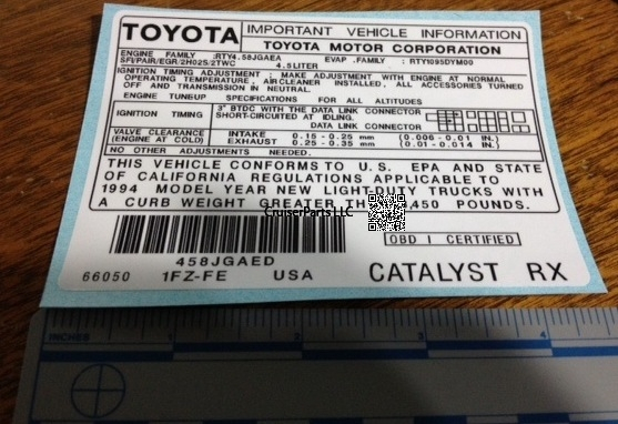 Modal Additional Images for 1994 1FZ-FE US Catalyst RX Engine Important Information Decal