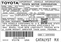 1994 1FZ-FE US Catalyst RX Engine Important Information Decal