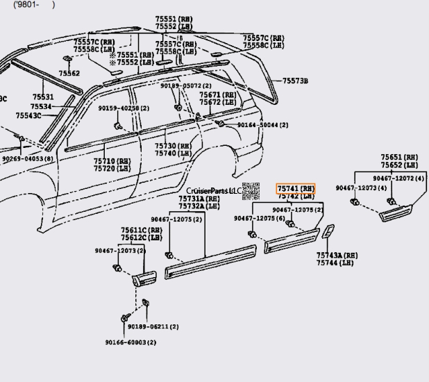 Body Side Moulding Right Rear Door 98-07